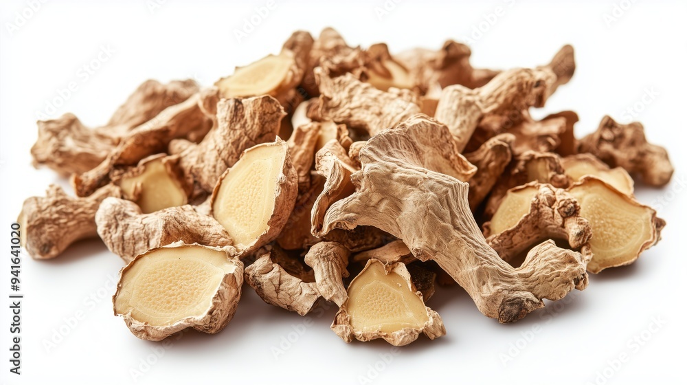 Pile of dried ginger roots isolated on a white background 