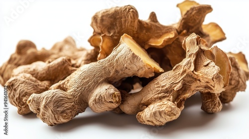 Pile of dried ginger roots isolated on a white background 