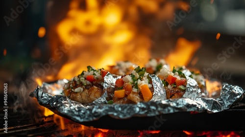 A close-up shot of grilled food wrapped in aluminum foil, with flames visible in the background. The food is topped with fresh toppings, creating a vibrant and appetizing scene.  The image symbolizes  photo