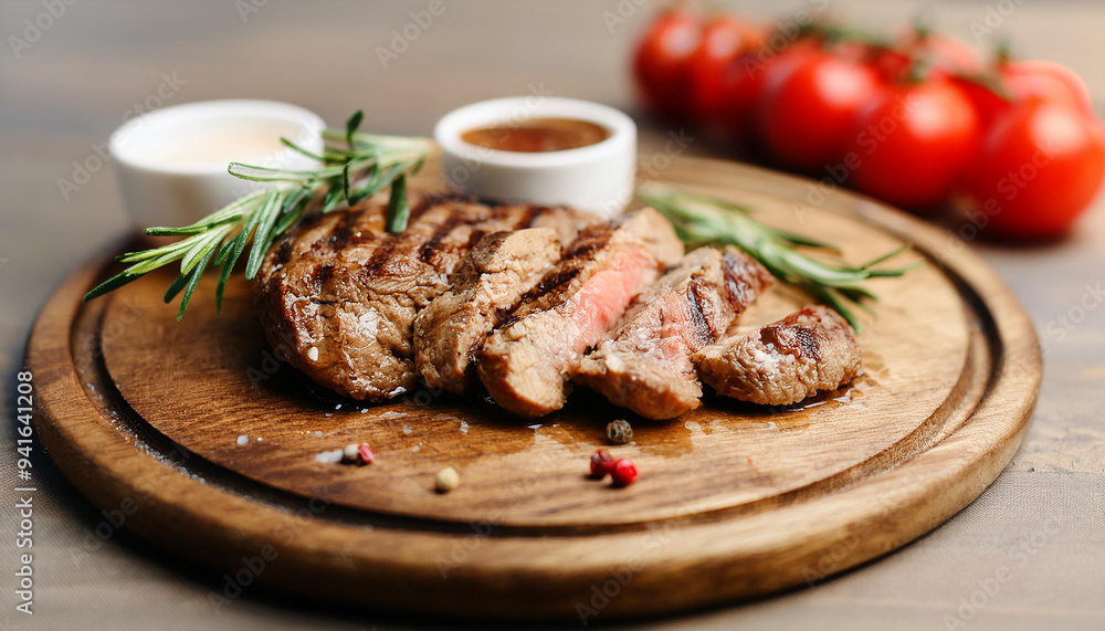 Delicious grilled sliced beef steak on wood plate. Tasty food for dinner. Delicious meat meal. Delicious grilled sliced beef steak on wood plate. Tasty food for dinner. Delicious meat meal.