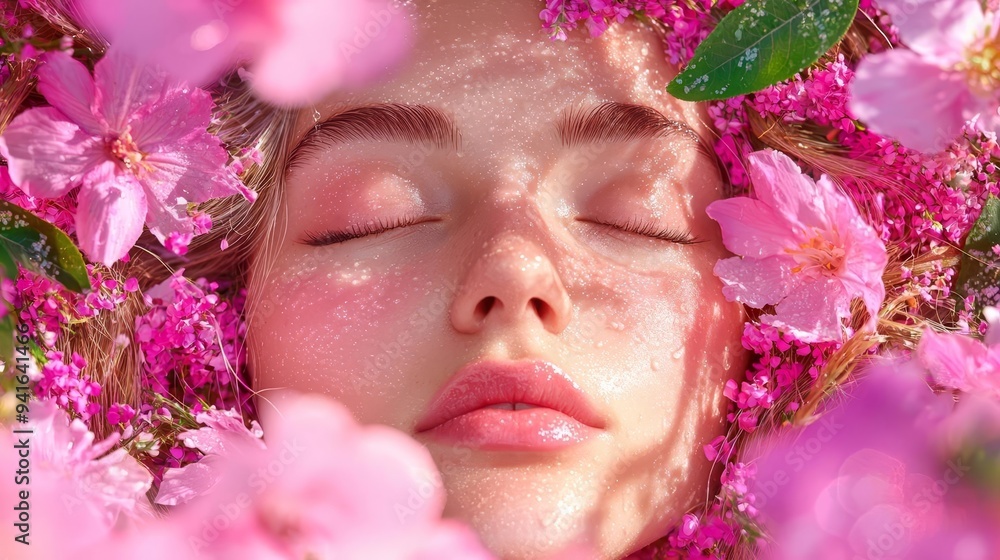 A woman with perfect skin, enjoying a quiet moment in a flower-filled meadow A woman with perfect skin, enjoying a quiet moment in a flower-filled meadow