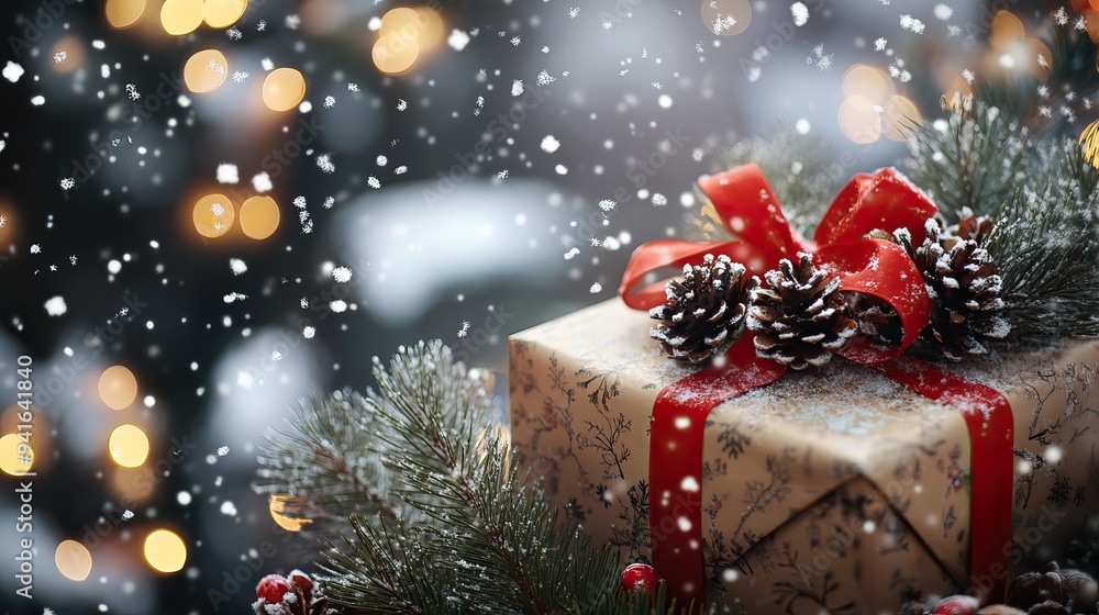 Christmas presents wrapped in brown paper with festive decorations and snow. AI generated image Christmas presents wrapped in brown paper with festive decorations and snow. AI generated image