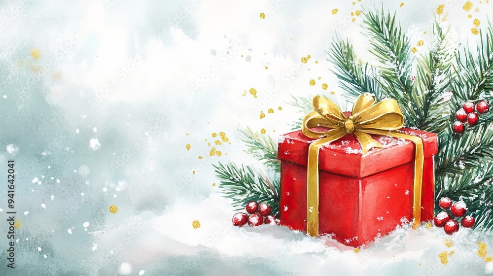 Watercolor Christmas presents in the snow with red gift boxes and gold ribbons. AI generated image Watercolor Christmas presents in the snow with red gift boxes and gold ribbons. AI generated image
