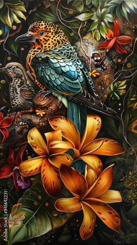 Wallpaper Mural Vibrant Jungle Bird with Flowers. Torontodigital.ca