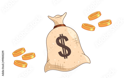 Wild West Money Bag With Dollar Sign And Coins Depicting Financial Success And Wealth. Cartoon Vector Illustration