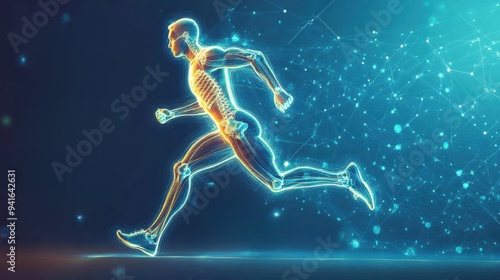 Digital illustration of a running man's skeleton with blue glowing digital connections and networks