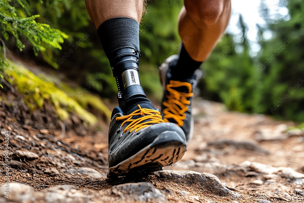 Fototapeta premium A prosthetic leg in a natural outdoor setting, with the user hiking a rugged trail, emphasizing durability and adventure