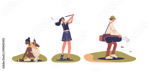 Golf Players Engaged In Various Activities On The Golf Field Depicted In A Charming Style Highlighting The Sport