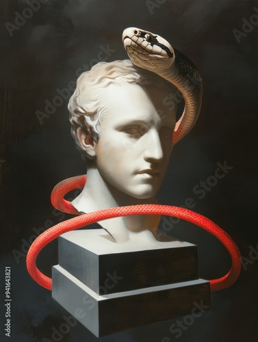 A contemporary interpretation of the classic tale of temptation, featuring a sculpted bust with a snake coiled around it, symbolizing knowledge, danger, and the allure of the unknown. The red cord emp photo