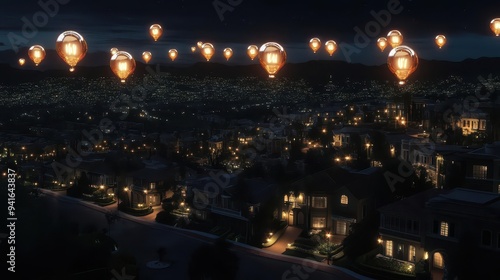 A cityscape at night where the streetlights are inflating, casting an eerie glow over an expensivelooking neighborhood photo