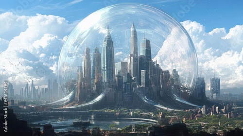 A city under a clear dome, where the dome is inflating and stretching, representing the bubblelike nature of real estate markets under inflation photo