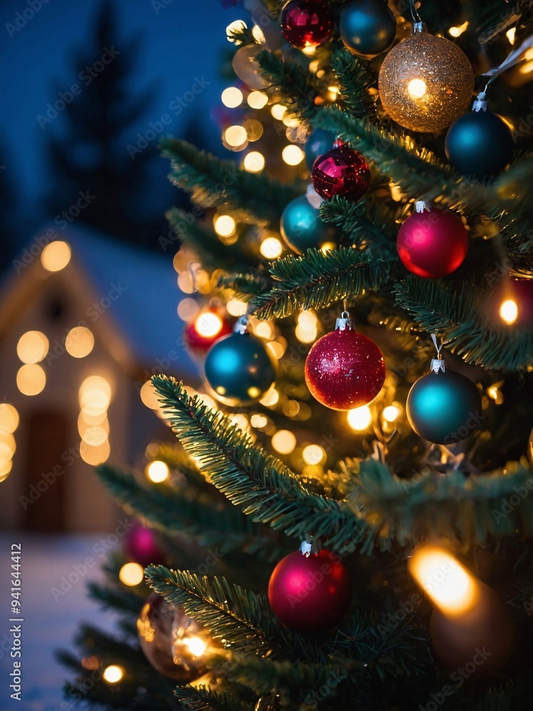 A sparkling Christmas tree set against a backdrop of twinkling fairy lights and colorful ornaments A sparkling Christmas tree set against a backdrop of twinkling fairy lights and colorful ornaments