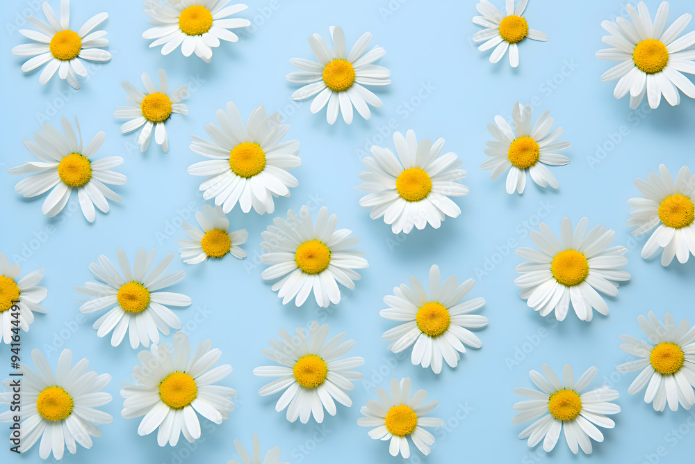 Scattered White Daisies with Yellow Centers on a Bright Blue Background: A Cheerful Floral Pattern Scattered White Daisies with Yellow Centers on a Bright Blue Background: A Cheerful Floral Pattern