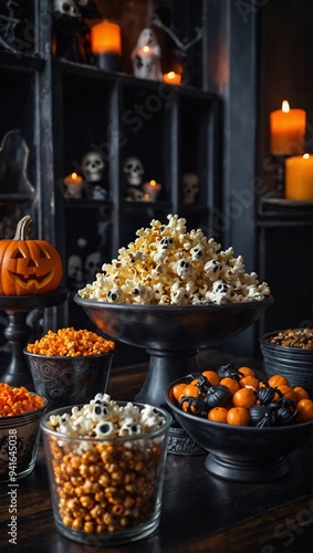 A Spooky Popcorn Bar, with a variety of Halloween-themed toppings