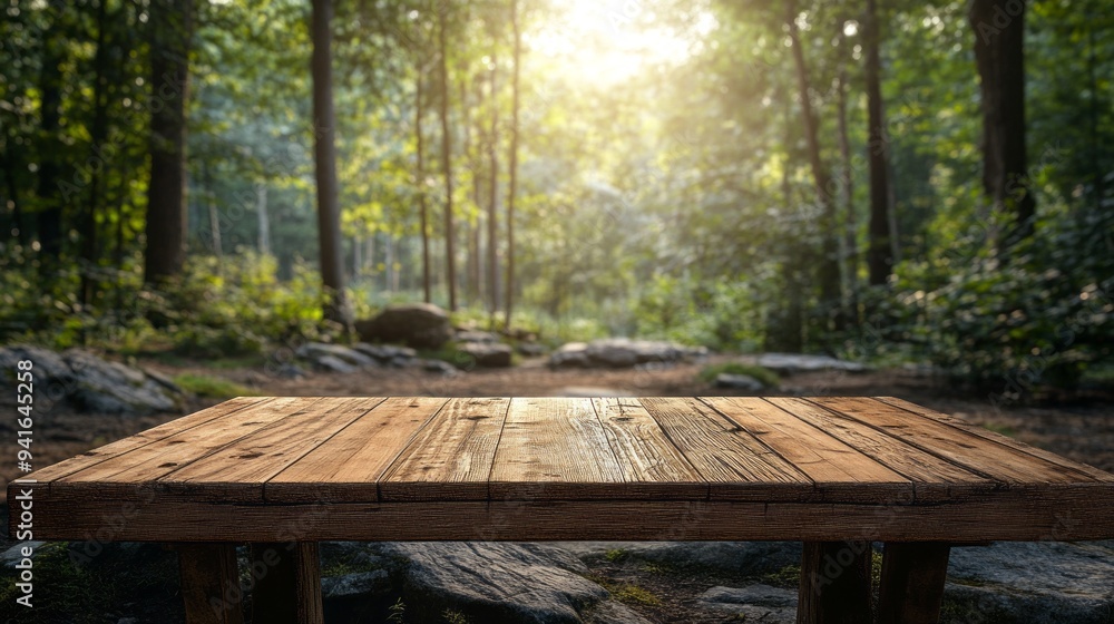 A wooden table in a forest with a view of the trees and rocks A wooden table in a forest with a view of the trees and rocks