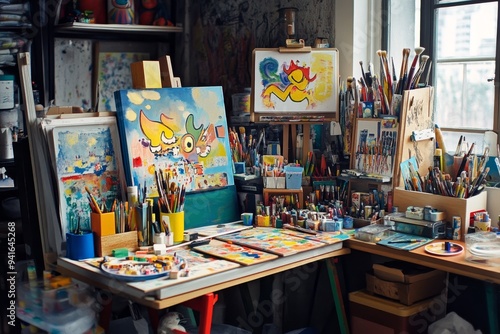 Creative Chaos - Artist's Desk Overflowing with Colorful Art Toys and Supplies