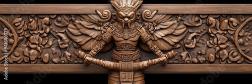 A detailed wooden sculpture depicting a tribal deity performing a ritual dance. The figure is adorned with intricate carvings, showcasing a blend of power and spirituality. The artwork captures the es photo