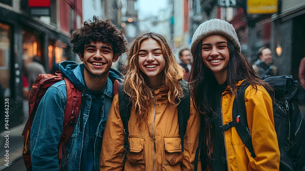 Three cheerful friends enjoying the city with backpacks and warm clothing. Three cheerful friends enjoying the city with backpacks and warm clothing.