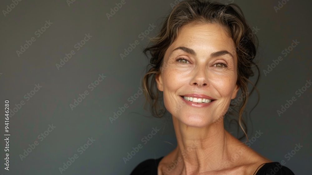 A middle aged woman looking at camera grey background copy space for text A middle aged woman looking at camera grey background copy space for text