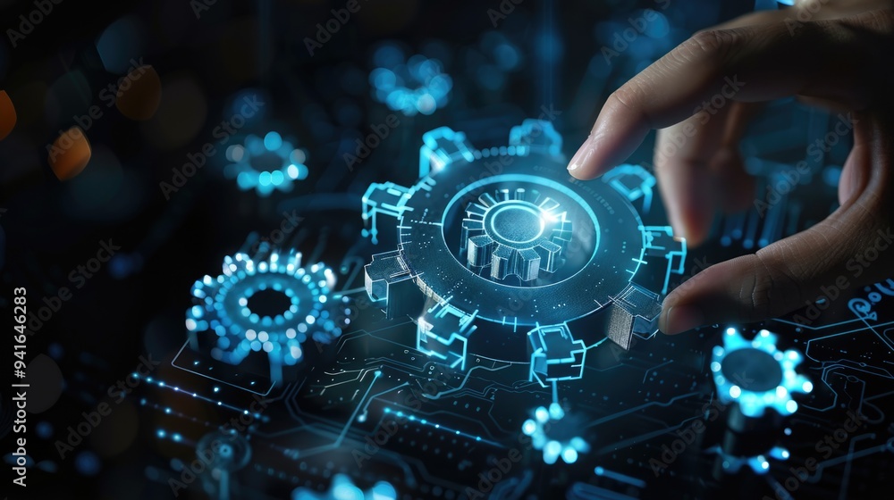 Obraz premium a person is touching a gear wheel on a computer screen