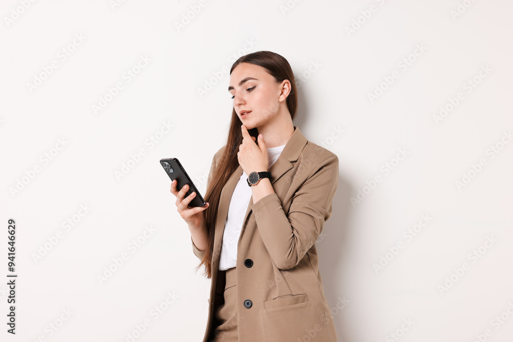 Woman in beige suit using smartphone on white background Woman in beige suit using smartphone on white background