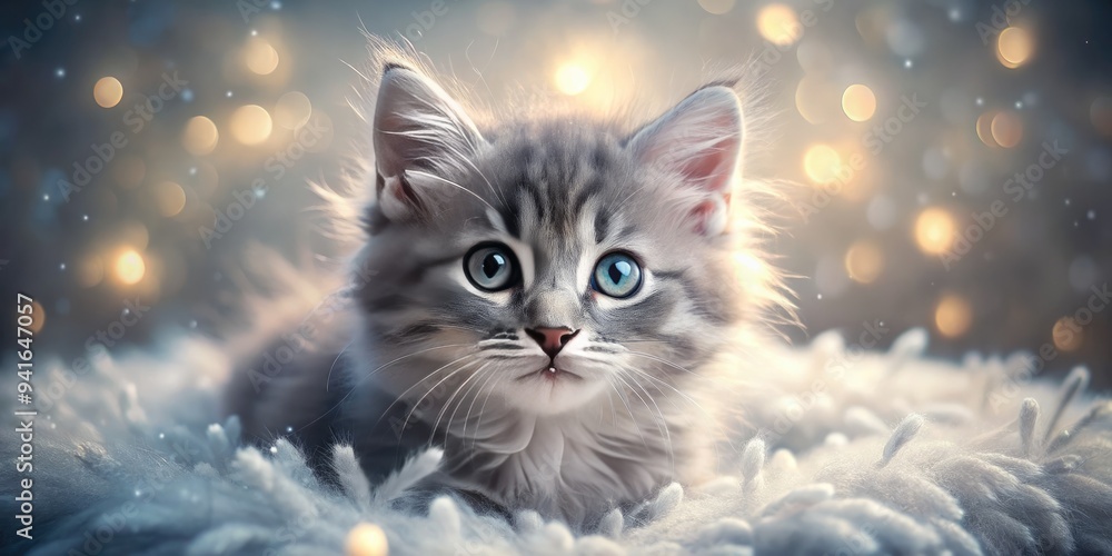 Dreamy Gray Kitten Gaze: Ethereal, mystical, soft gray fur, shimmering eyes