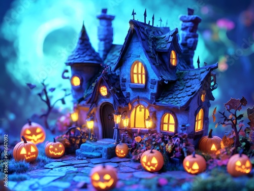 Spooky Halloween Greeting Card with Whimsical Claymation Haunted House and Jack O' Lanterns in Ultra HD 3D Animation Style