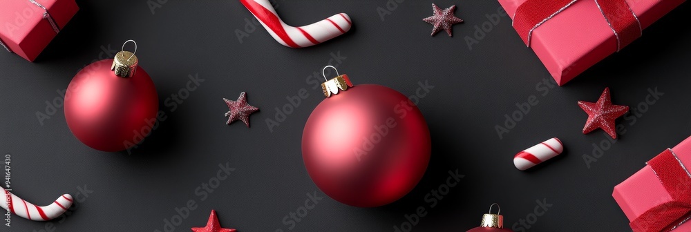 Obraz premium A festive Christmas design featuring red ornaments, candy canes, and stars on a black background. The image symbolizes joy, celebration, tradition, and the magic of the holiday season.