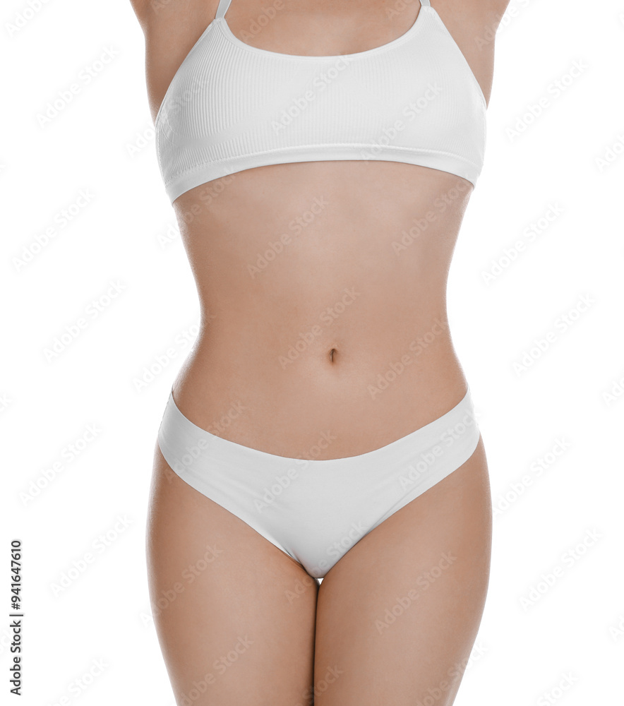 Woman with slim body posing on white background, closeup Woman with slim body posing on white background, closeup