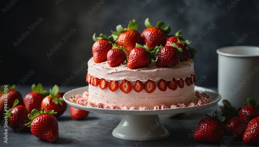 A strawberry-themed birthday cake, festive and delicious A strawberry-themed birthday cake, festive and delicious