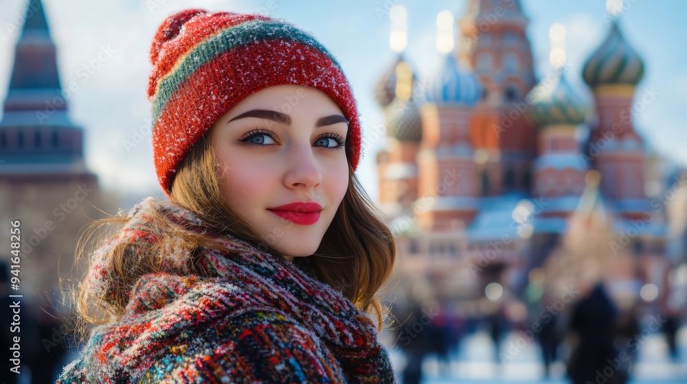 Young woman in winter attire smiling while enjoying a sunny day with saint basil's cathedral in the background Young woman in winter attire smiling while enjoying a sunny day with saint basil's cathedral in the background