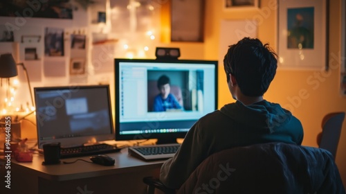 Young person focuses on computer screen during remote video call in cozy, well-lit room at night