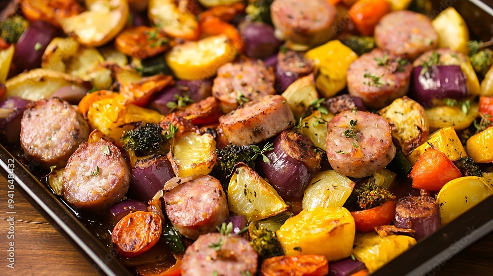 A vibrant tray of roasted vegetables and sausage, ready for serving.