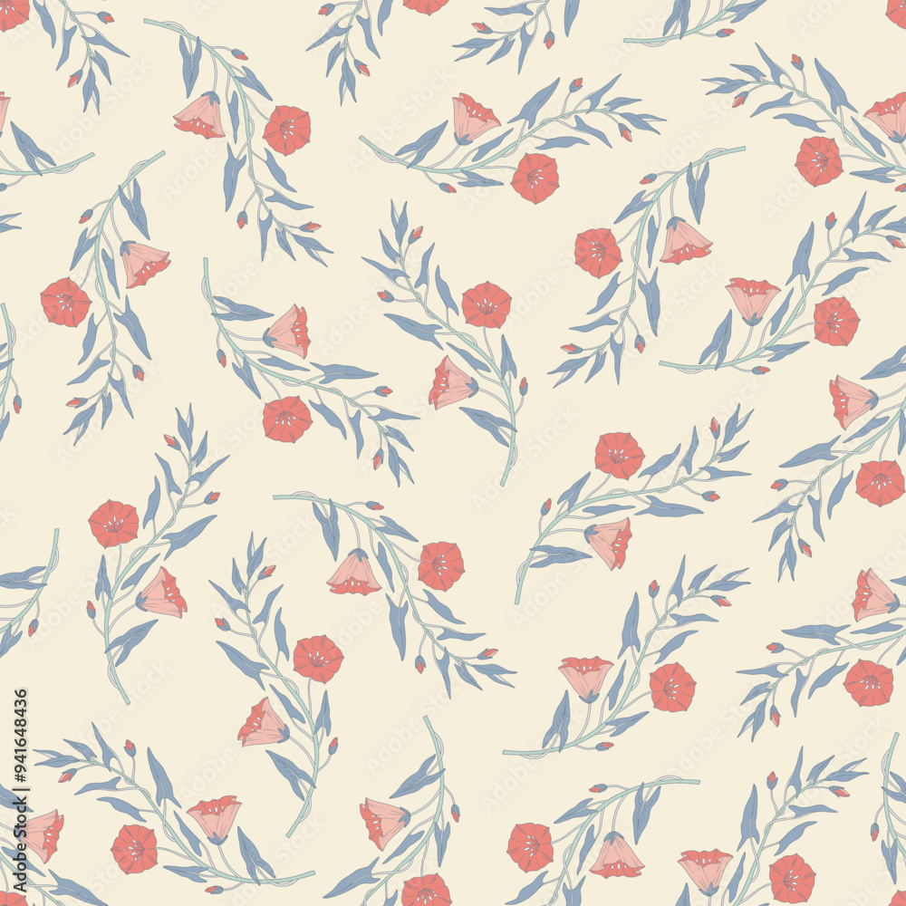 Seamless pattern with branches of convolvulus plant, its flowers and leaves. Template with bindweed wildflowers for fashion prints. Beige background. Vector illustration