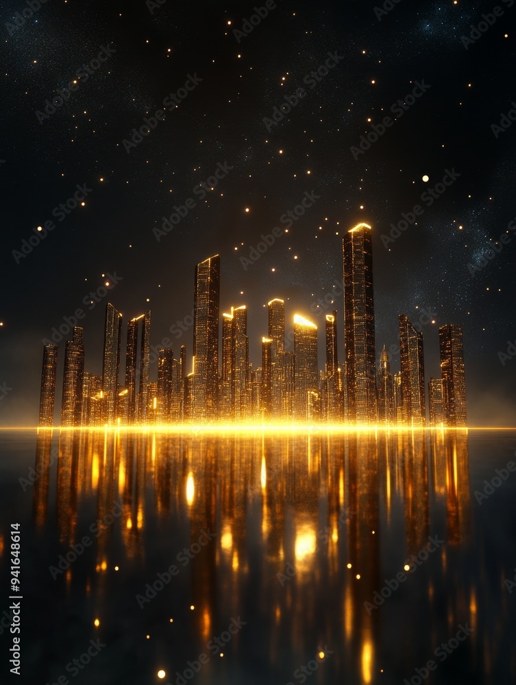 Fototapeta premium A futuristic cityscape bathed in golden light, with skyscrapers reflecting in a calm body of water. The cityscape symbolizes urban development, progress, ambition, and the power of technology.