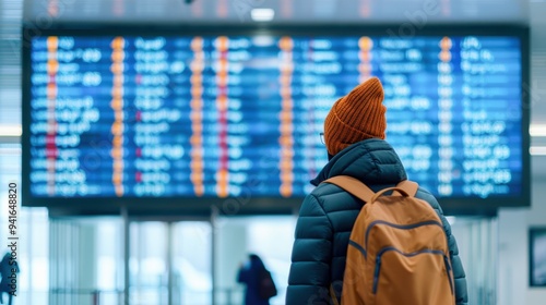 A traveler observes a flight information display board at the airport, showcasing departure and arrival times and statuses.