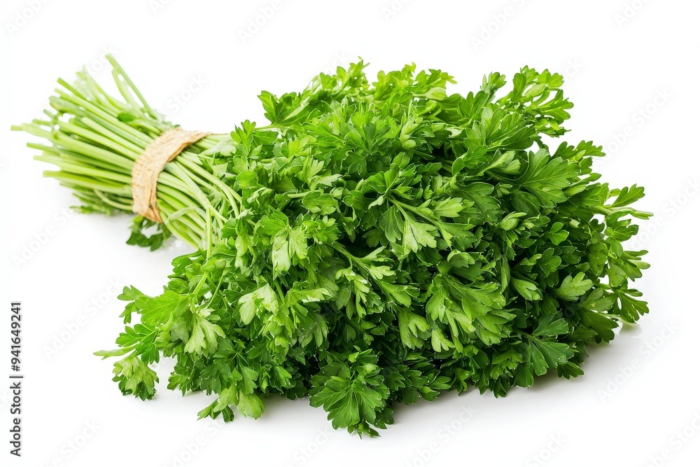 A bunch of fresh green parsley, commonly used as a culinary herb for flavor and garnish. A bunch of fresh green parsley, commonly used as a culinary herb for flavor and garnish.