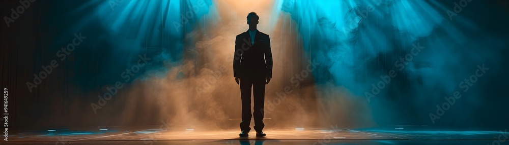 Obraz premium Silhouetted Business Leader Delivers Inspiring Stage Speech in Dramatic Spotlight