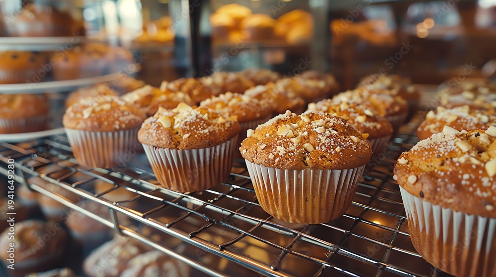 A close-up of muffins with white chocolate chips on top in a display case. A close-up of muffins with white chocolate chips on top in a display case.