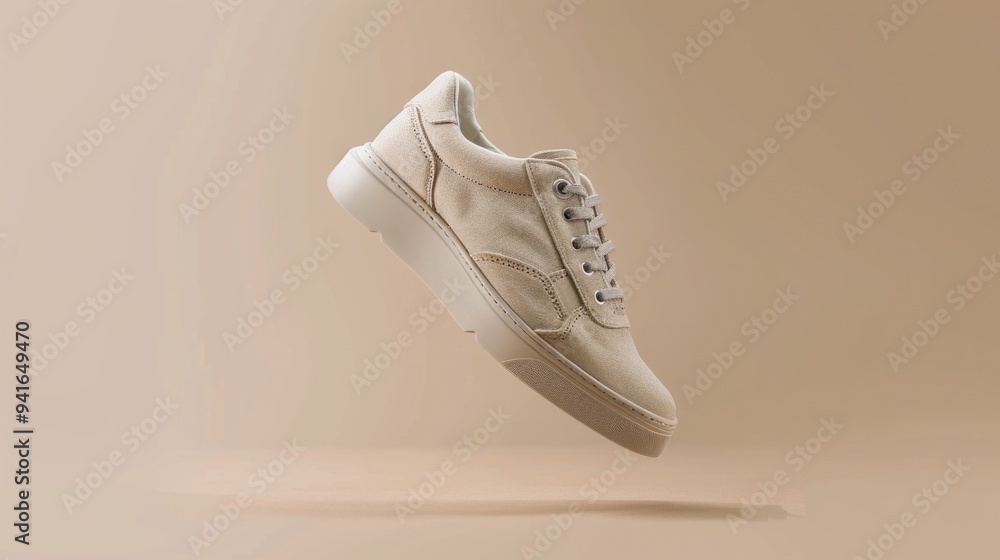 A pair of white sneakers suspended in mid-air A pair of white sneakers suspended in mid-air