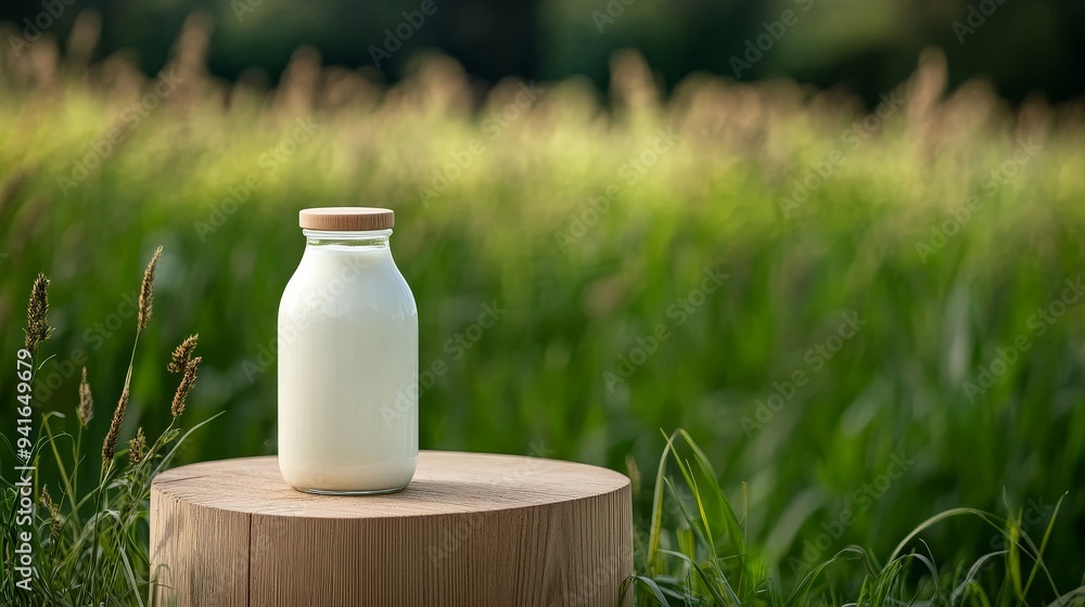 A glass bottle of fresh yogurt with a wooden lid sits on a wooden table in a green meadow. The bottle is filled with white yogurt, and the table is surrounded by tall green grass. The scene represent A glass bottle of fresh yogurt with a wooden lid sits on a wooden table in a green meadow. The bottle is filled with white yogurt, and the table is surrounded by tall green grass. The scene represent