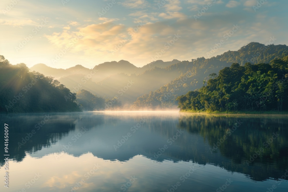 Fototapeta premium Sunset Over Lake With Mountains