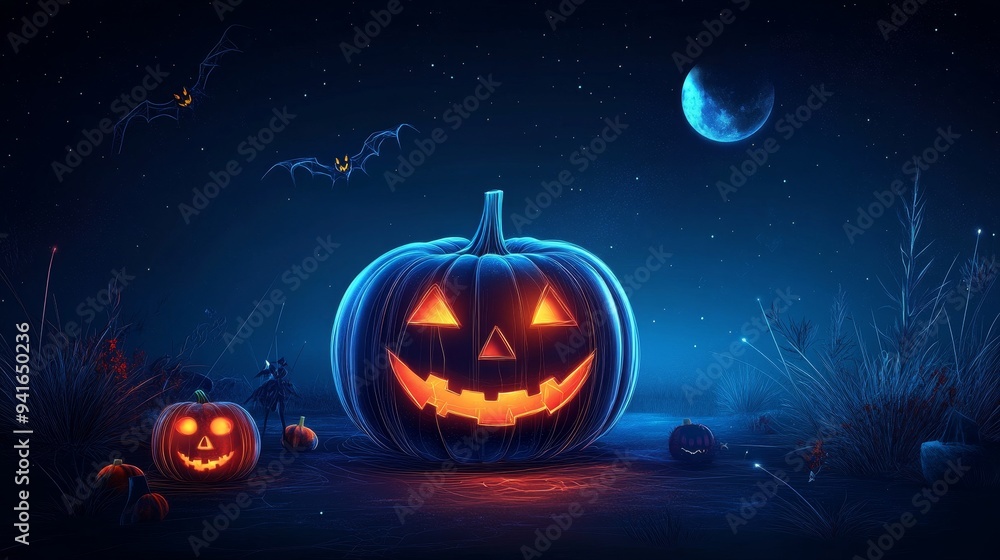 A glowing jack-o-lantern with a friendly face smiles in the middle of a spooky forest scene. Bats fly overhead, a crescent moon shines in the night sky, and other pumpkins surround the central jack-o- A glowing jack-o-lantern with a friendly face smiles in the middle of a spooky forest scene. Bats fly overhead, a crescent moon shines in the night sky, and other pumpkins surround the central jack-o-