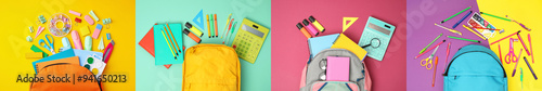 Wallpaper Mural Backpacks and stationery on different colors backgrounds, collection. Back to school Torontodigital.ca