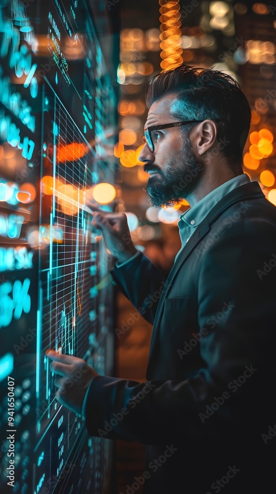 Business Leader Pointing to Digital Metrics for Corporate Success and Achievement Business Leader Pointing to Digital Metrics for Corporate Success and Achievement