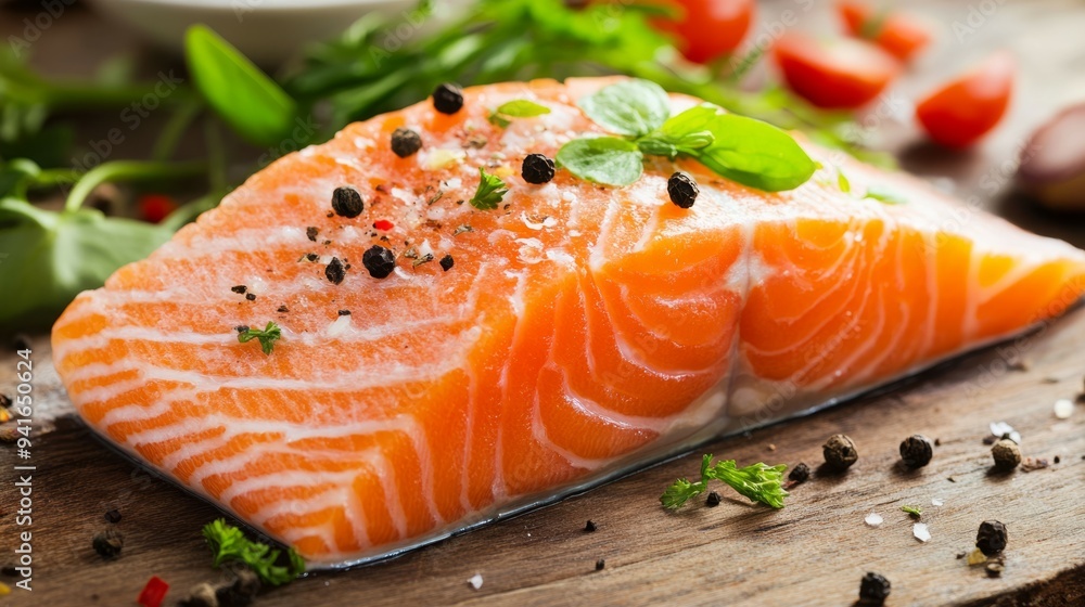Fresh salmon fillet garnished with herbs and spices on a wooden surface ready for cooking Fresh salmon fillet garnished with herbs and spices on a wooden surface ready for cooking