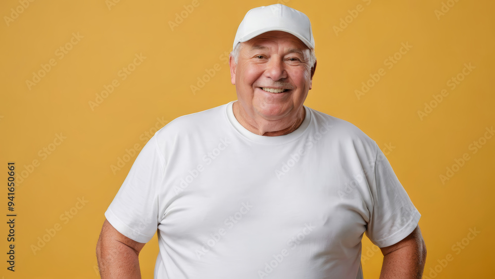 Plus size senior man wearing white t-shirt and white baseball cap isolated on yellow background Plus size senior man wearing white t-shirt and white baseball cap isolated on yellow background