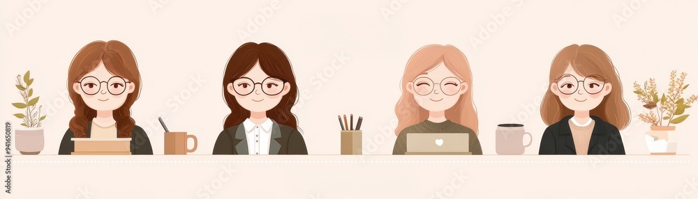 Illustration of four women at a workspace, showcasing diverse hairstyles and activities in a charming, modern setting. Illustration of four women at a workspace, showcasing diverse hairstyles and activities in a charming, modern setting.