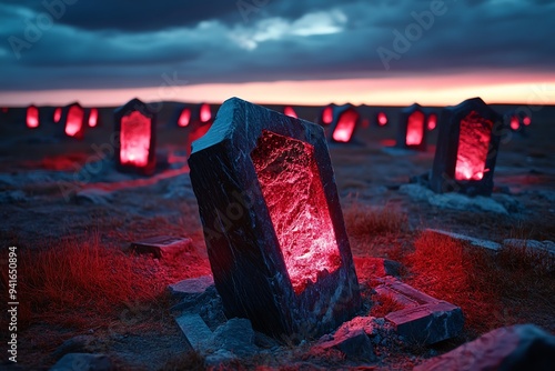 A psychedelic landscape with gravestones that morph into bizarre, red-tinted shapes and forms photo