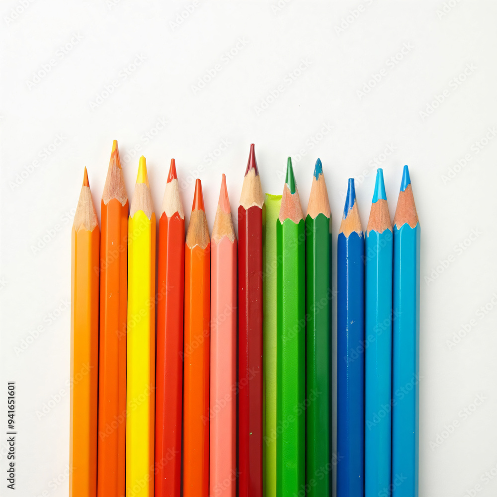 group of colored pencils arranged in a row, isolated on a white background group of colored pencils arranged in a row, isolated on a white background